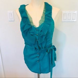Teal Ruffle V neck silk button down blouse small